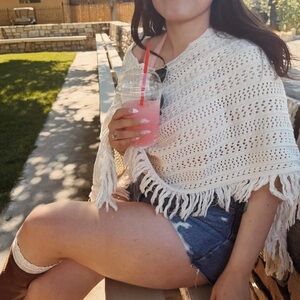 Cream Crochet Fringe Poncho